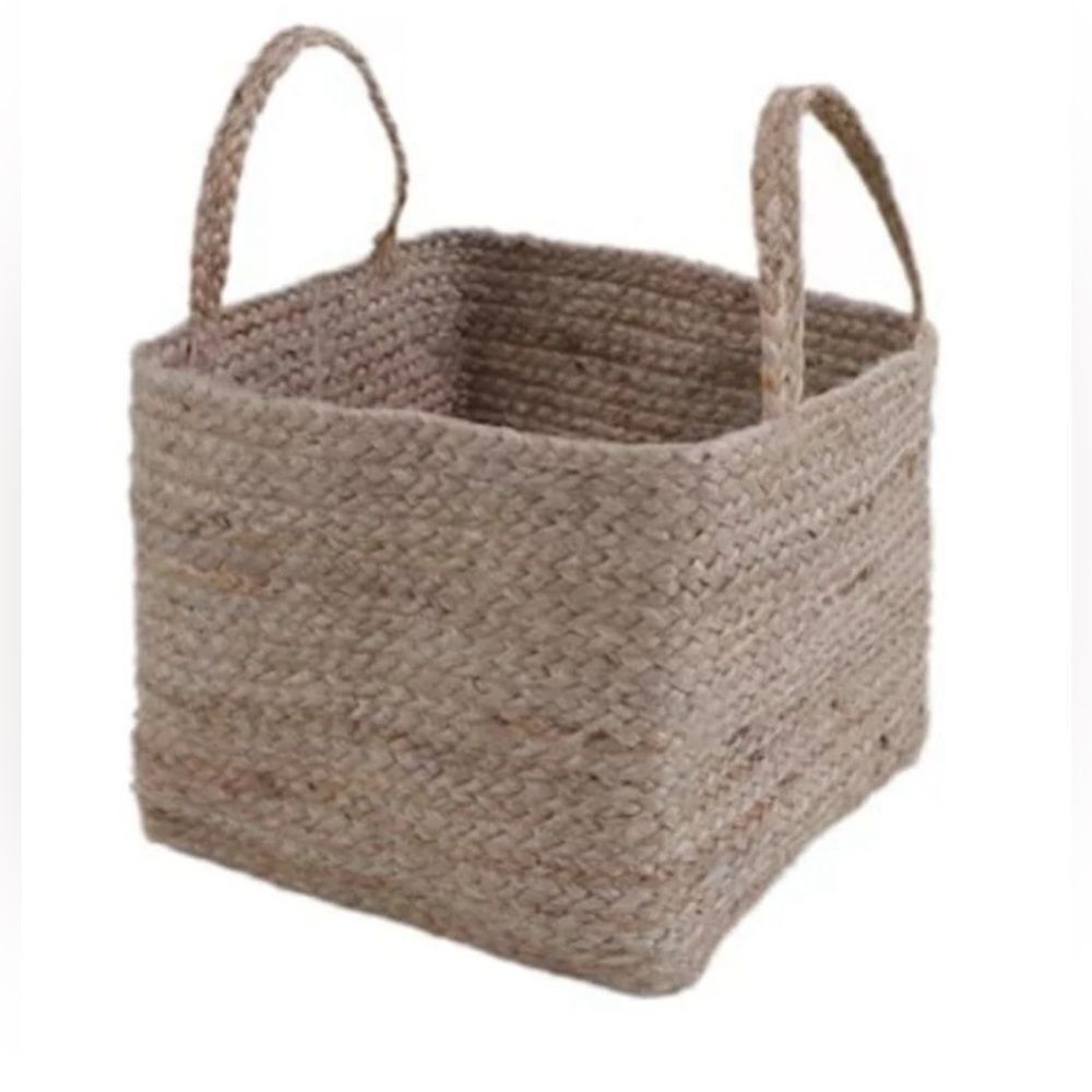 Allen Roth Natural Jute Woven Shopping Tote Basket Beige Brown, Carry Handles